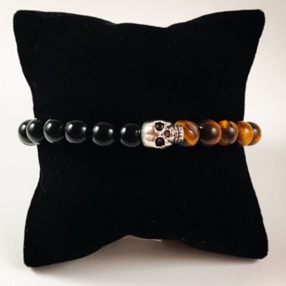 Men or women tiger eye & onyx gems skull bracelet - Picture 3 of 7